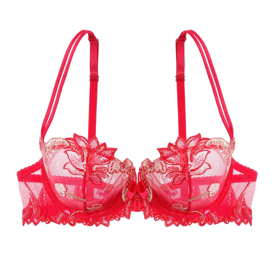 Floral Teal and Black Mesh Bra with Scalloped Edges-Bra-Bellascena-Red-70B-bellascena