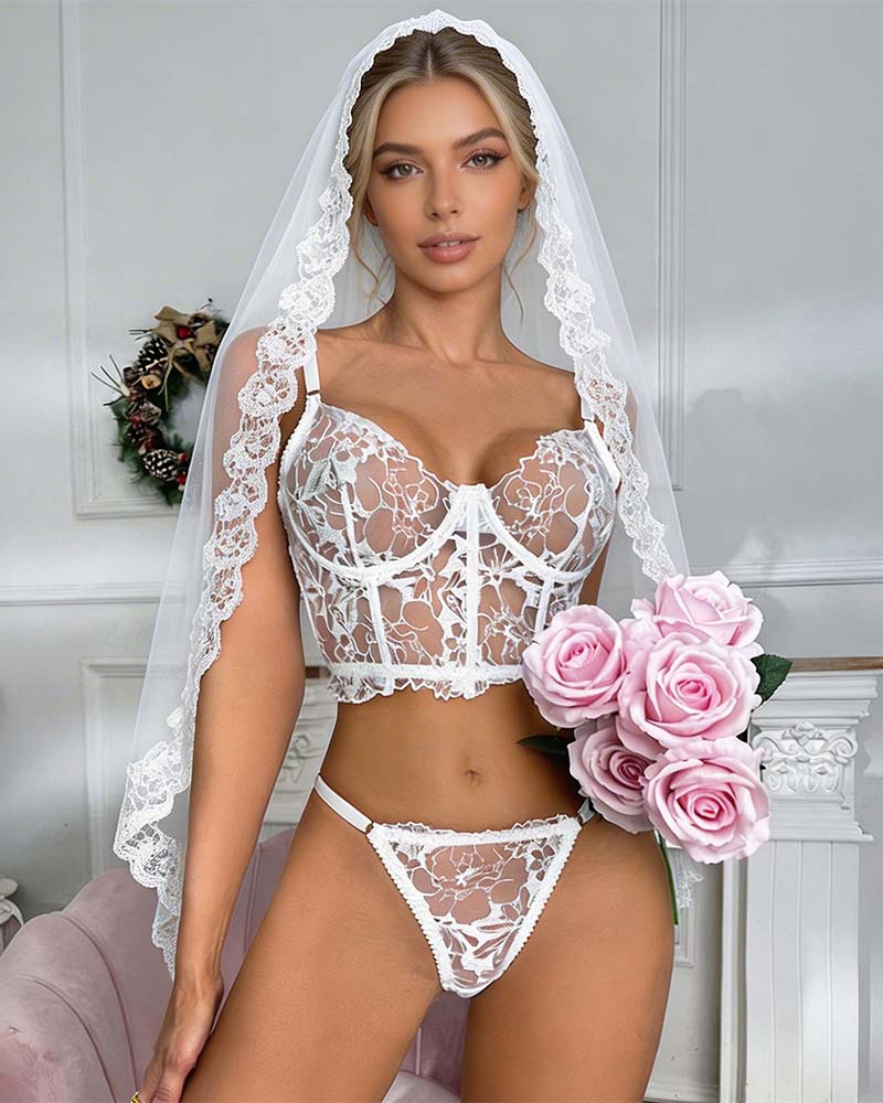 Floral White Embroidered Lace Lingerie Set with Sheer Details-Lingerie Set-Bellascena-bellascena