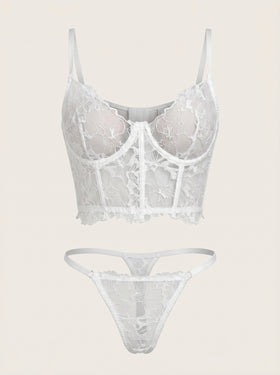 Floral White Embroidered Lace Lingerie Set with Sheer Details-Lingerie Set-Bellascena-White-S-bellascena