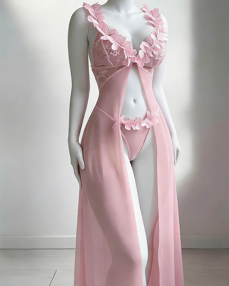 Floral White Sheer Mesh Lingerie Set with Floral Appliqué-Nightgown-Bellascena-bellascena