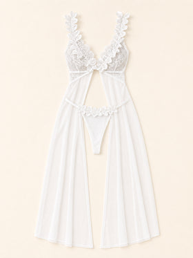 Floral White Sheer Mesh Lingerie Set with Floral Appliqué-Nightgown-Bellascena-bellascena