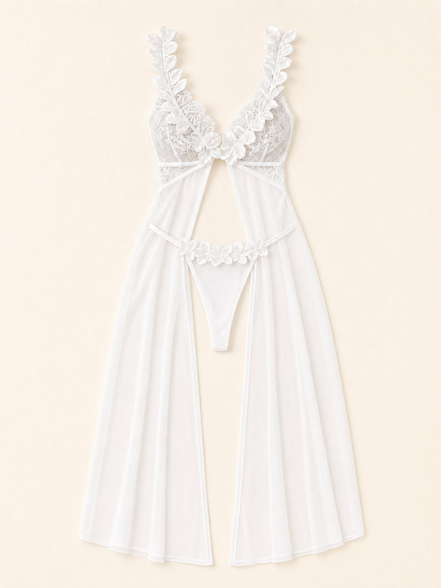 Floral White Sheer Mesh Lingerie Set with Floral Appliqué-Nightgown-Bellascena-bellascena