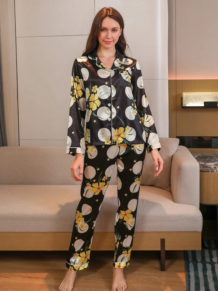Floral Yellow Satin Pajama Set with Piping Detail-Pajama Set-Bellascena-bellascena