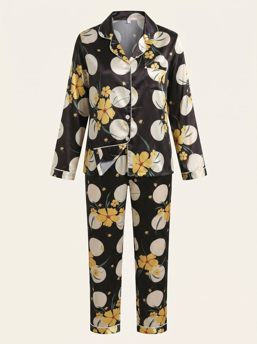 Floral Yellow Satin Pajama Set with Piping Detail-Pajama Set-Bellascena-bellascena