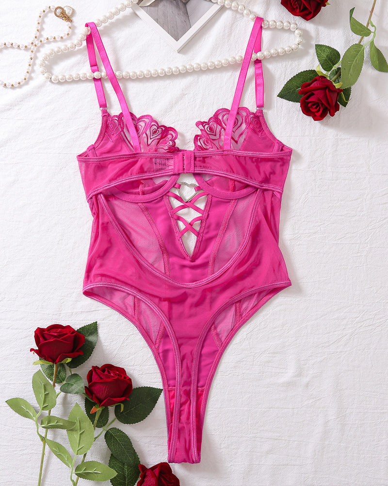 Fuchsia Heart Embroidered Mesh Bodysuit with Strappy Cutouts-Bodysuit-Bellascena-bellascena