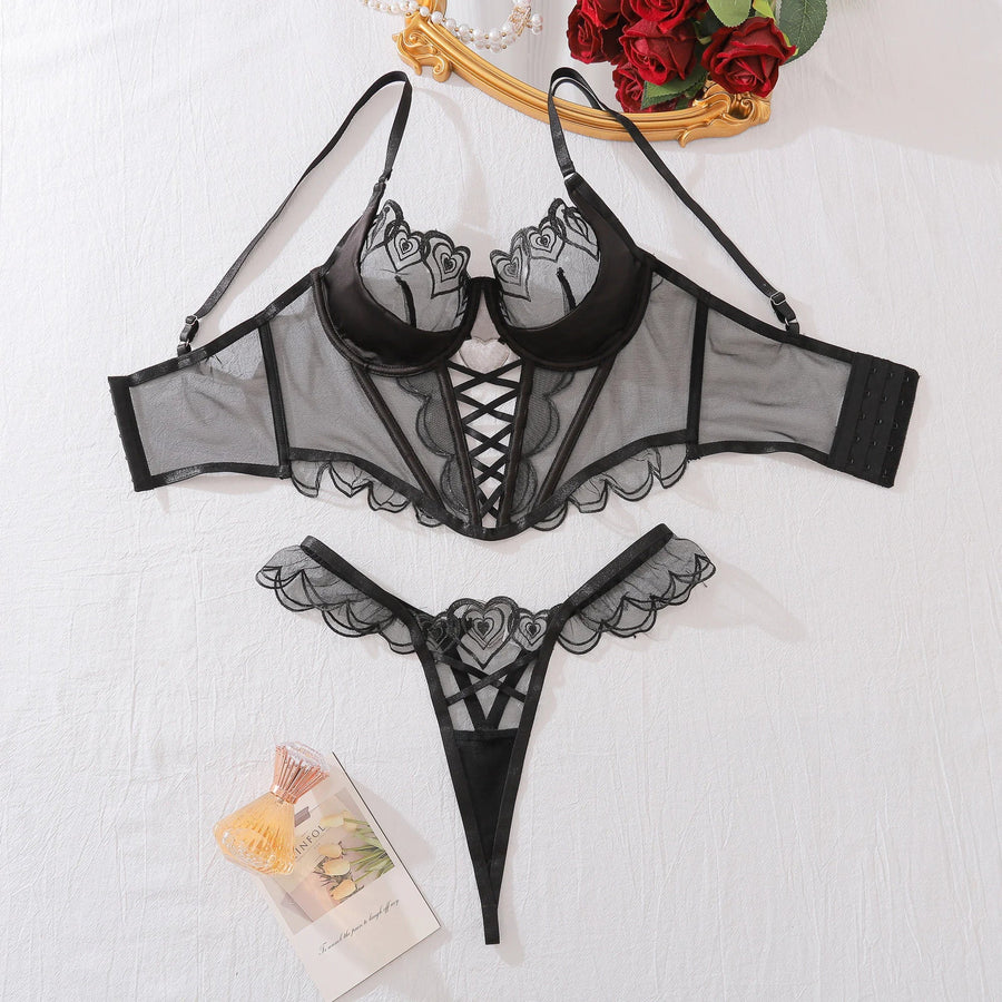 Fuchsia Heart Mesh Corset with Scalloped Edges-Bodysuit-Bellascena-bellascena