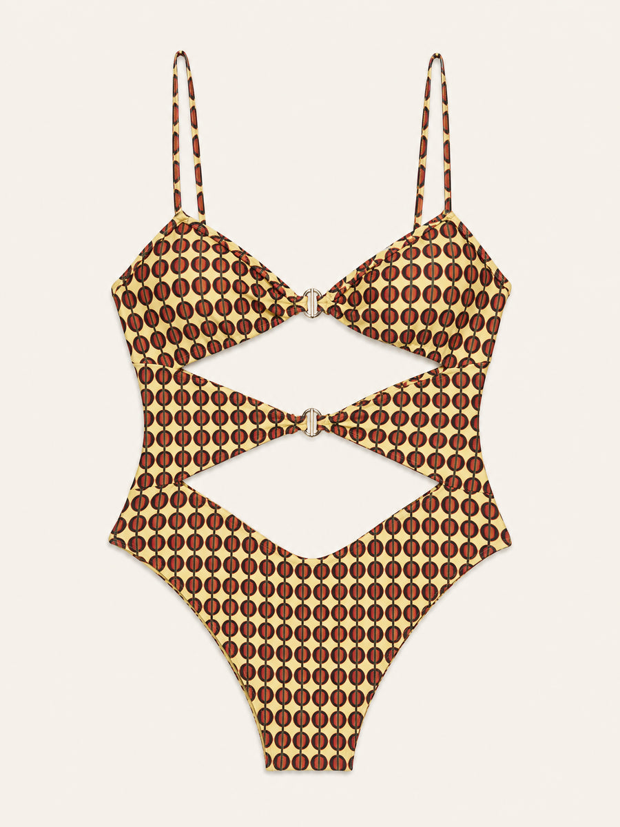 Geometric Print Satin One-Piece Swimsuit with Cutout-One-Piece Swimsuit-Bellascena-bellascena