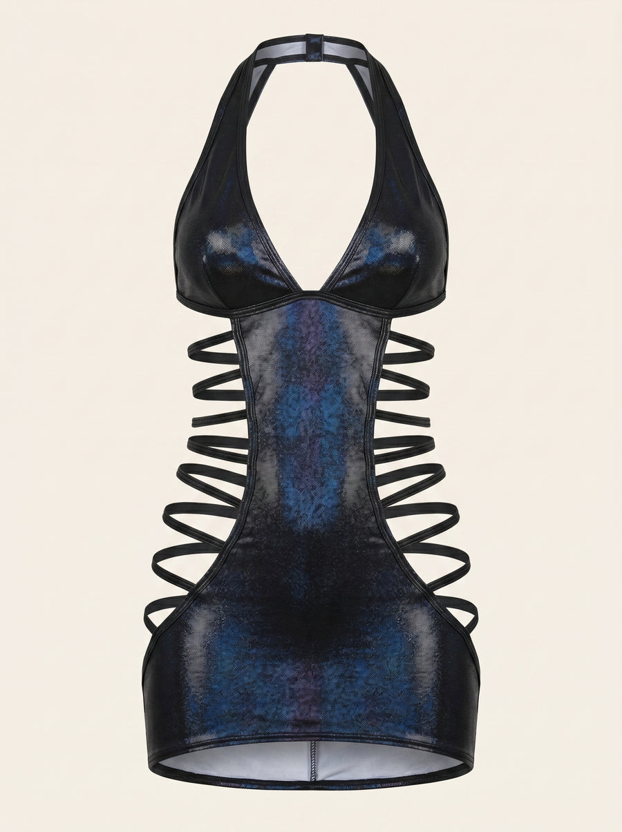 Glossy Black Nightdress with Backless Lace-up Detail-Nightgown-Bellascena-Black-S-bellascena