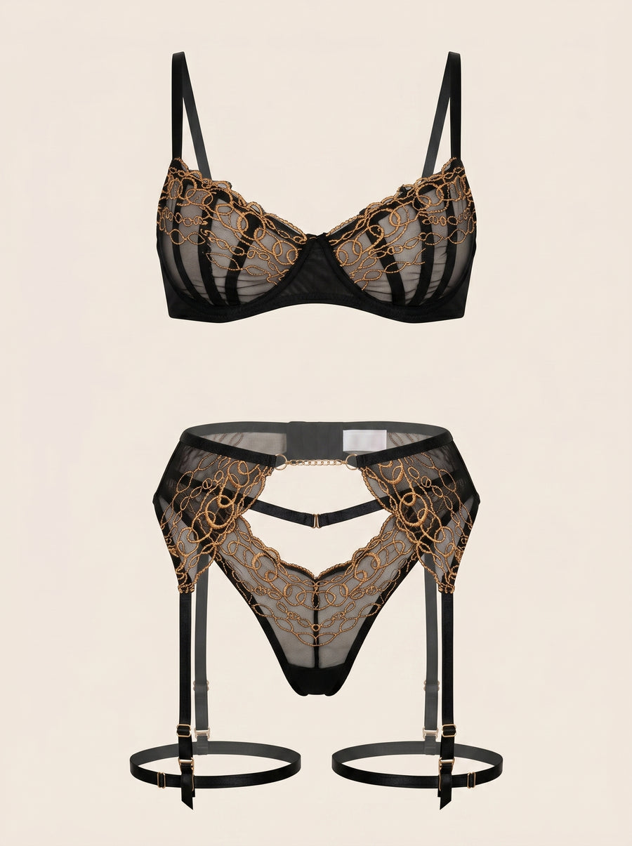 Gold Chain Embroidery Mesh Lingerie Set with Strappy Detail-Lingerie Set-Bellascena-bellascena