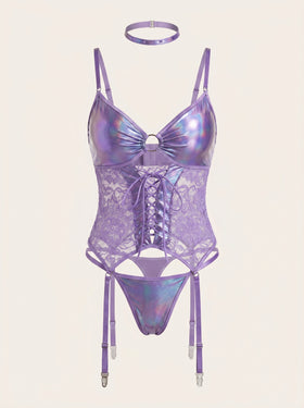 Gradient Iridescent Purple Satin Lingerie Set with Strappy Details-Corset-Bellascena-Purple-S-bellascena
