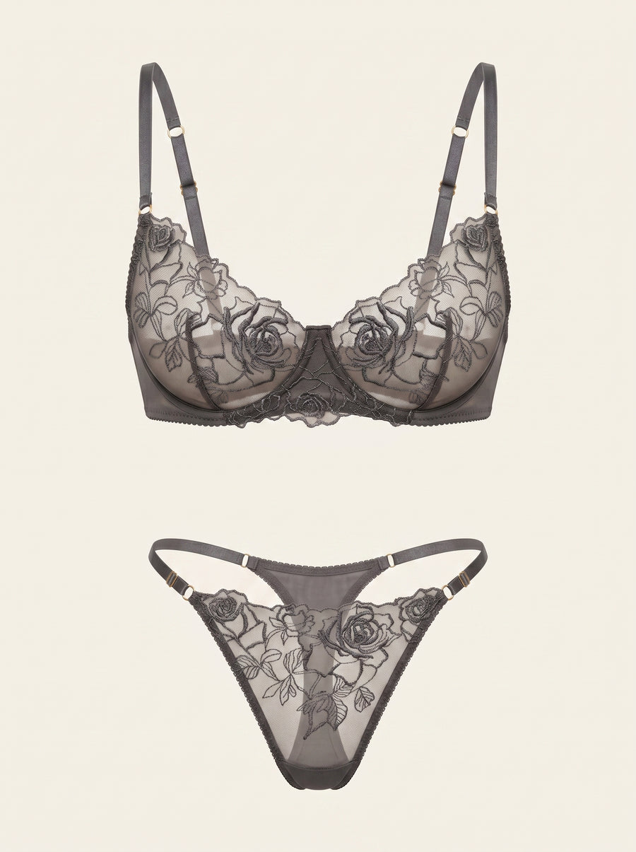 Gray Floral Lace Lingerie Set with Strappy Elegance-Lingerie Set-Bellascena-S-S-Gray-bellascena