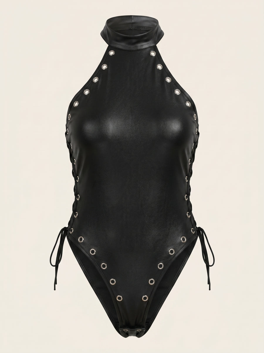 Halter Black Faux Leather Bodysuit with Lace-Up Detail-Bodysuit-Bellascena-Black-S-bellascena