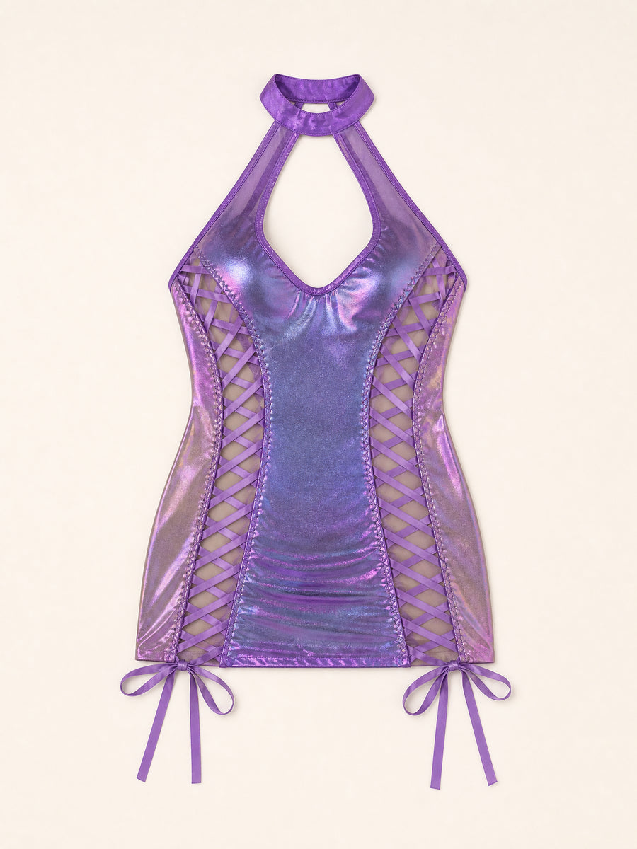Halter Neck Iridescent Purple Satin Nightgown with Lace-Up Sides-Nightgown-Bellascena-bellascena