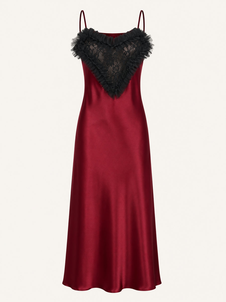 Heart Lace Deep Red Satin Nightgown with Straps-Nightgown-Bellascena-Wine Red-S-bellascena