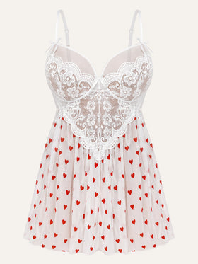 Heart Print Lace Nightgown with Side Slit-Nightgown-Bellascena-Heart-L-bellascena
