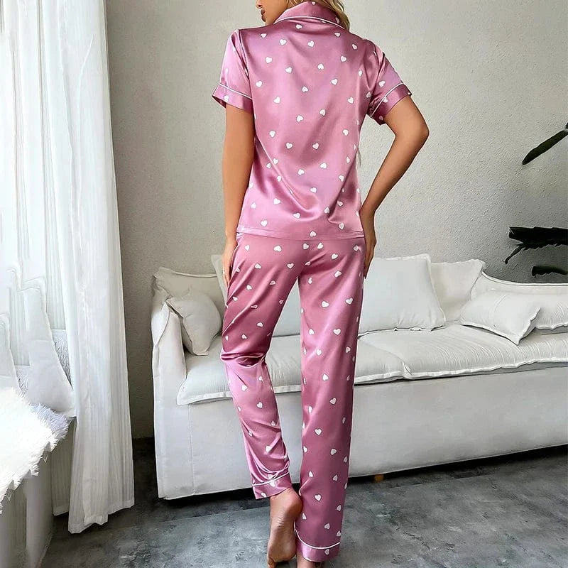 Heart Print Pink Satin Pajama Set with Button-Up Design-Pajama Set-Bellascena-bellascena