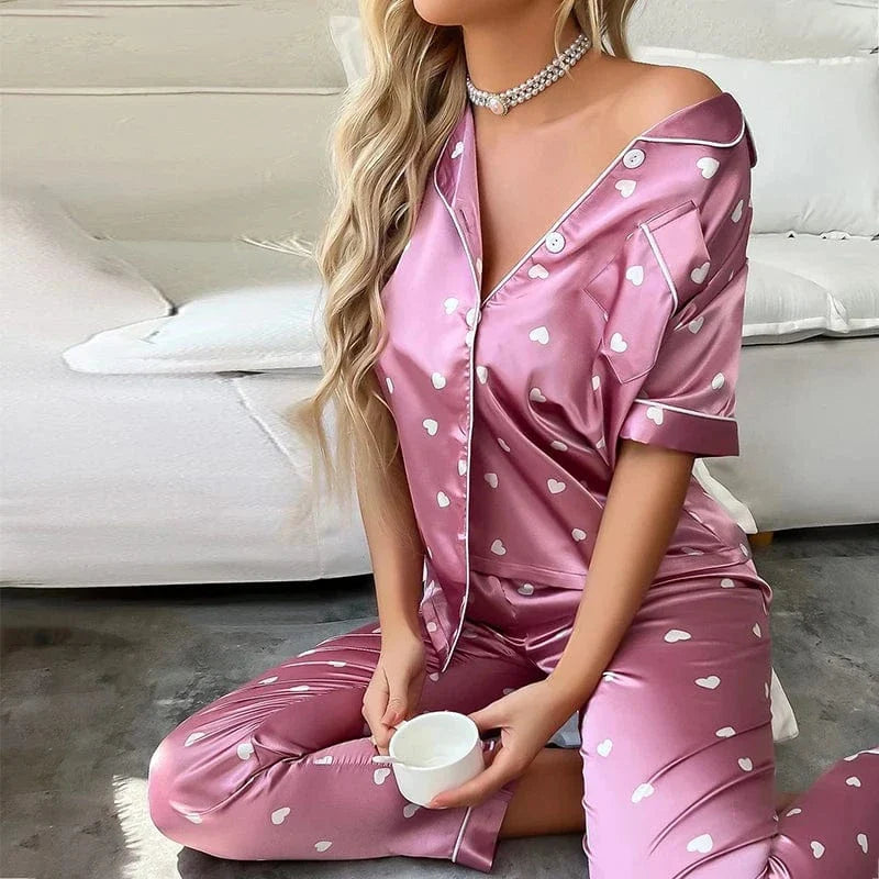 Heart Print Pink Satin Pajama Set with Button-Up Design-Pajama Set-Bellascena-bellascena