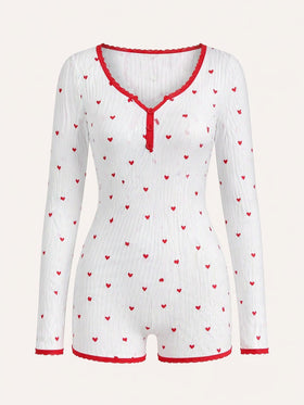 Heart Print Ribbed Cotton Bodysuit with Lace Trim-Bodysuit-Bellascena-bellascena