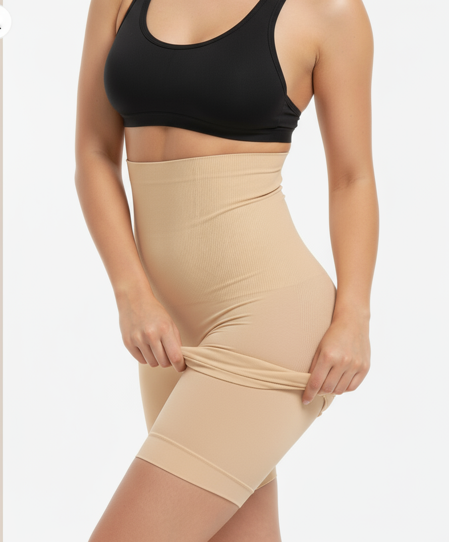 High-Waist Beige Nylon Shapewear with Seamless Support-Shapewear-Bellascena-bellascena