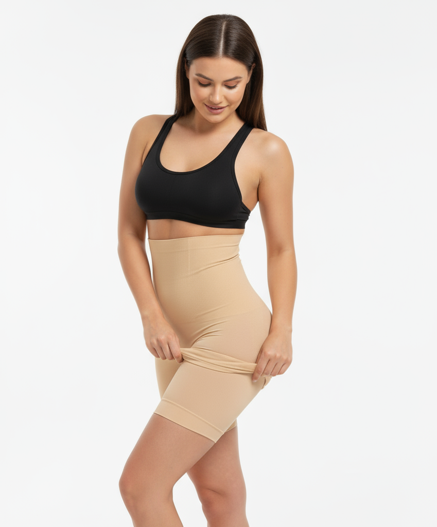 High-Waist Beige Nylon Shapewear with Seamless Support-Shapewear-Bellascena-bellascena