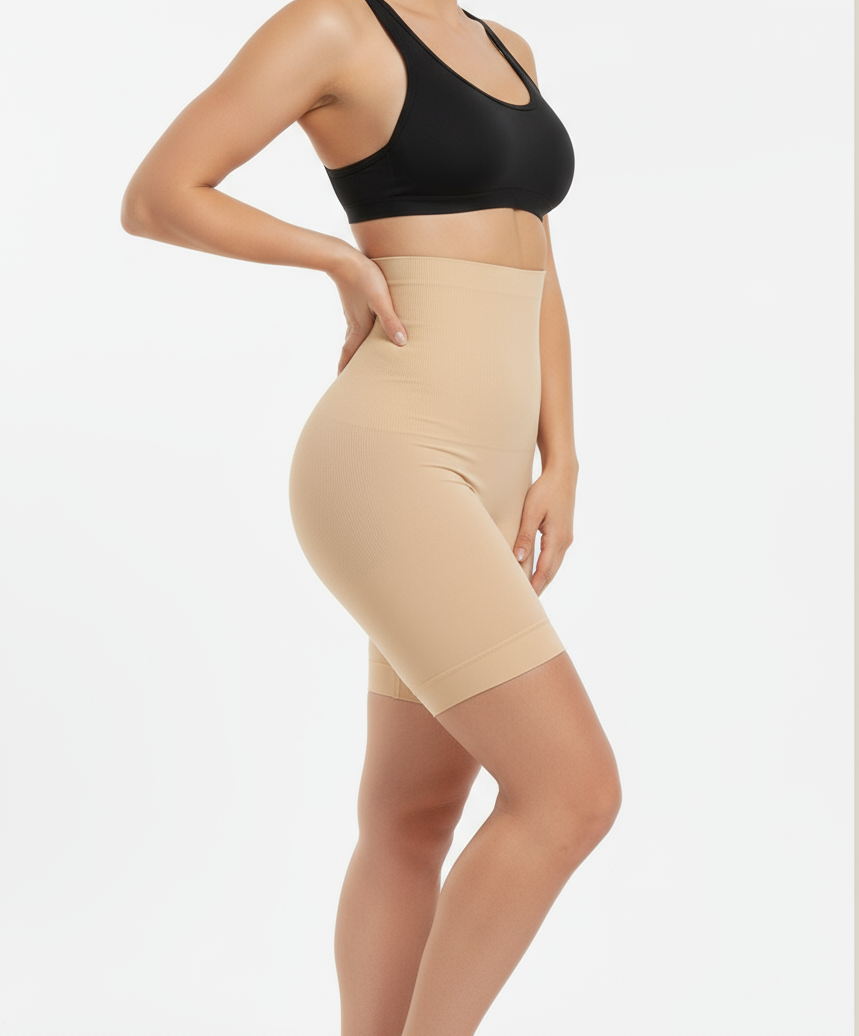 High-Waist Beige Nylon Shapewear with Seamless Support-Shapewear-Bellascena-bellascena