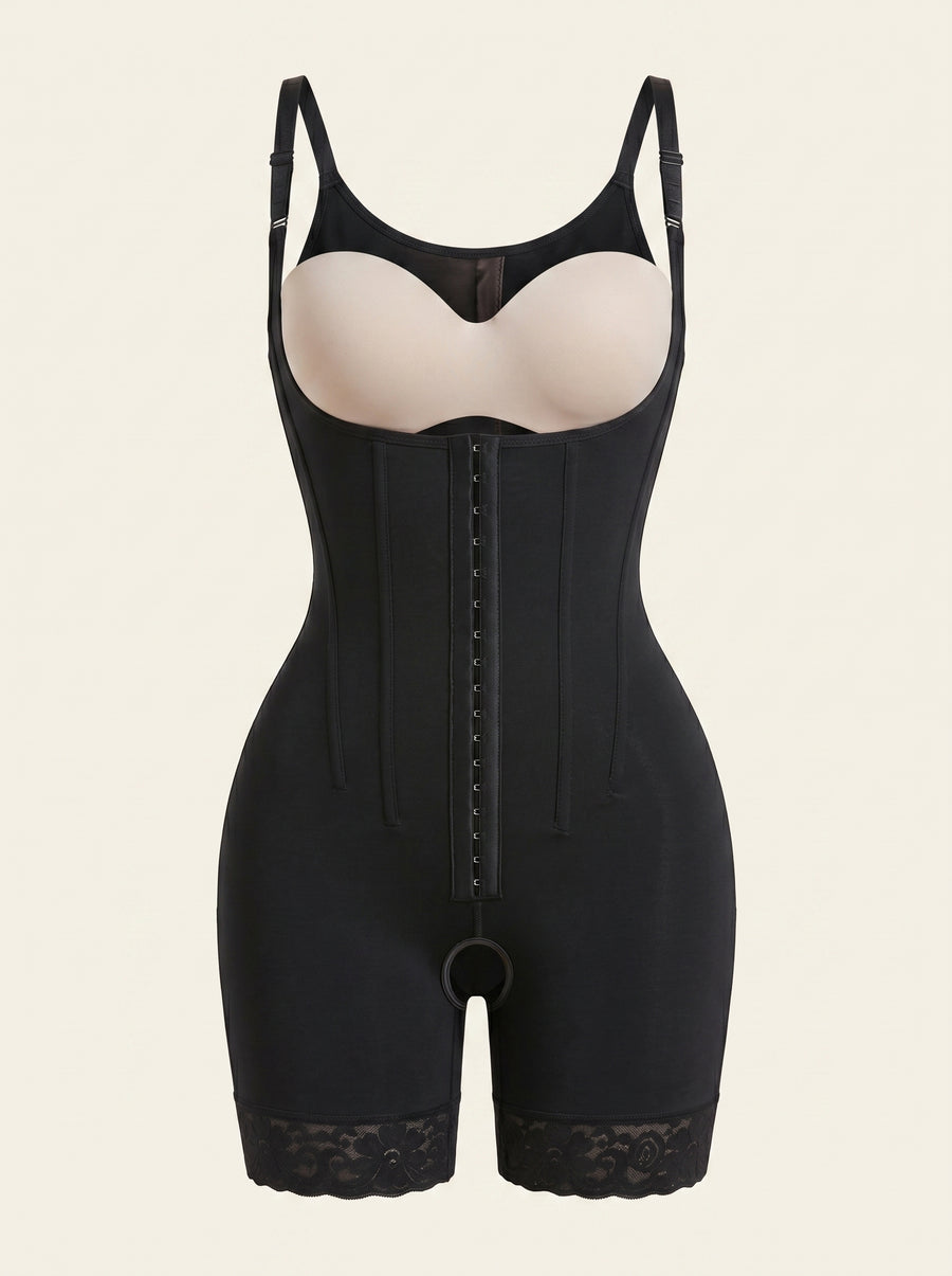 High-Waist Black Cotton Bodysuit with Lace Trim-Bodysuit-Bellascena-Black-S-bellascena