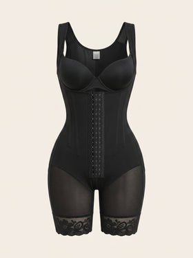 High-Waist Black Mesh Bodysuit with Lace Trim-Bodysuit-Bellascena-Black-S-bellascena