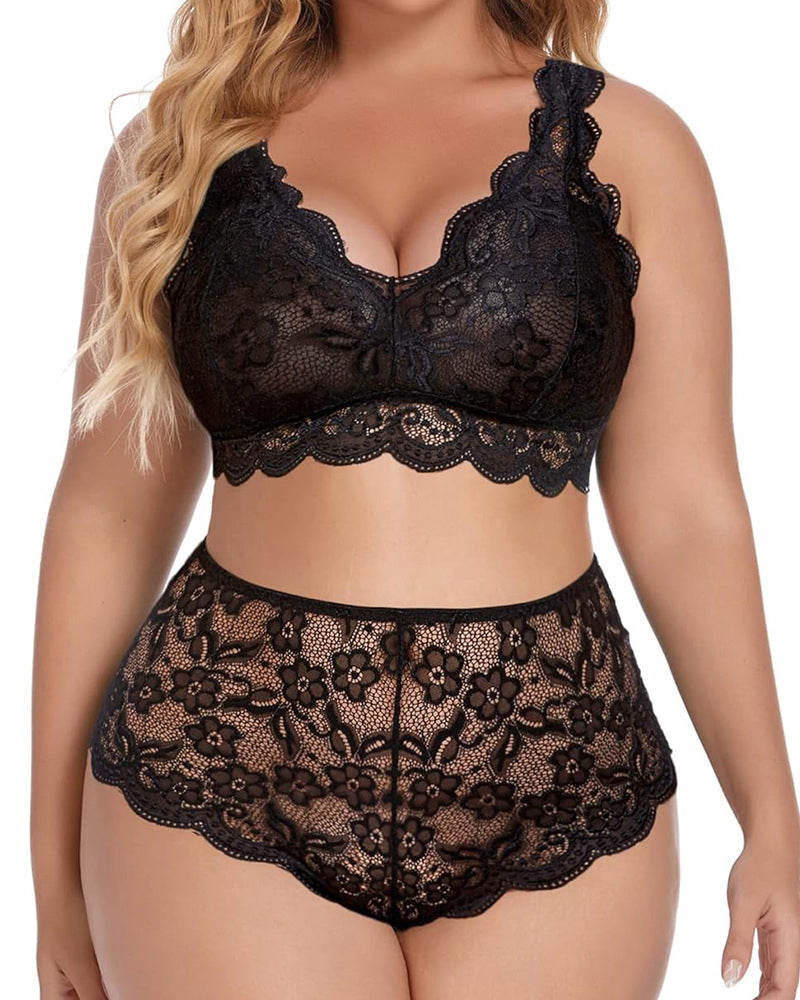 High-Waist Emerald Green Lace Bralette Set with Scalloped Edges-Lingerie Set-Bellascena-bellascena