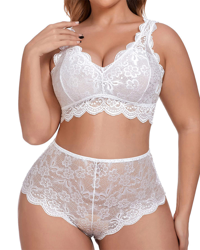 High-Waist Emerald Green Lace Bralette Set with Scalloped Edges-Lingerie Set-Bellascena-bellascena