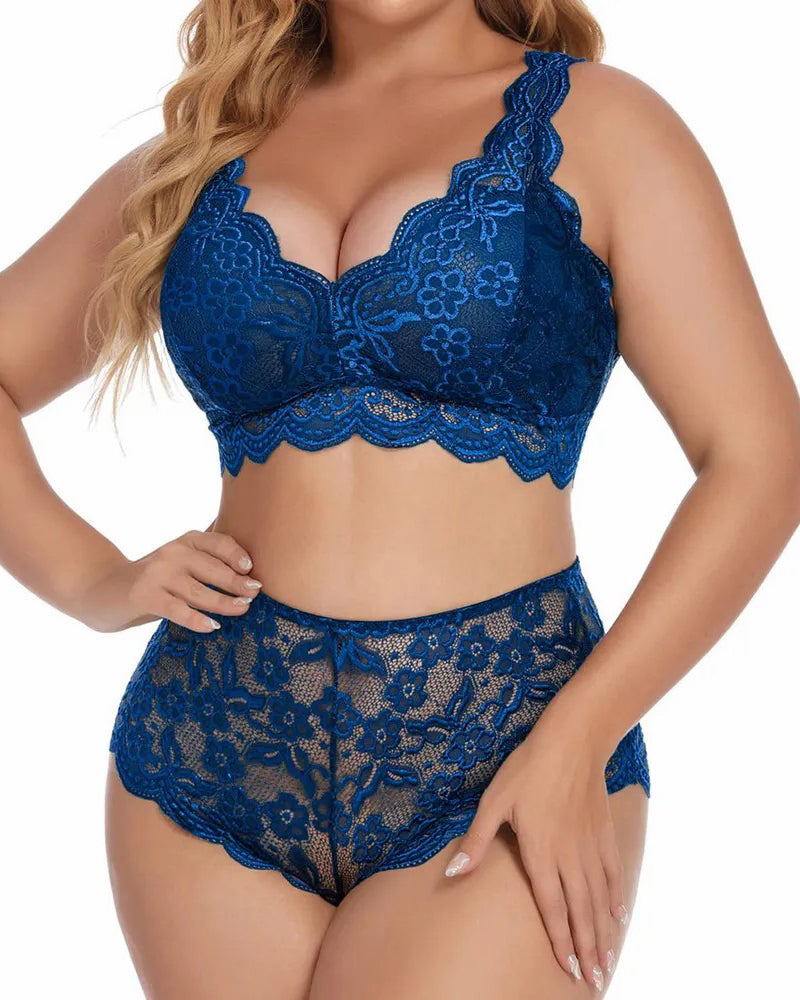 High-Waist Emerald Green Lace Bralette Set with Scalloped Edges-Lingerie Set-Bellascena-bellascena