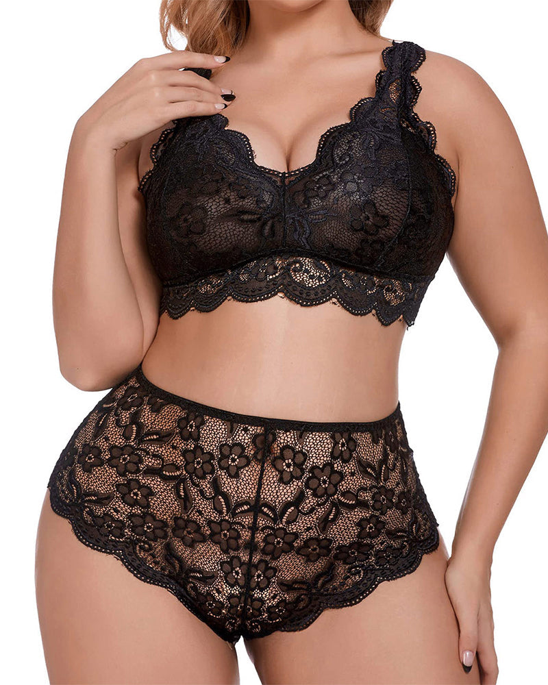 High-Waist Emerald Green Lace Bralette Set with Scalloped Edges-Lingerie Set-Bellascena-Black-S-bellascena