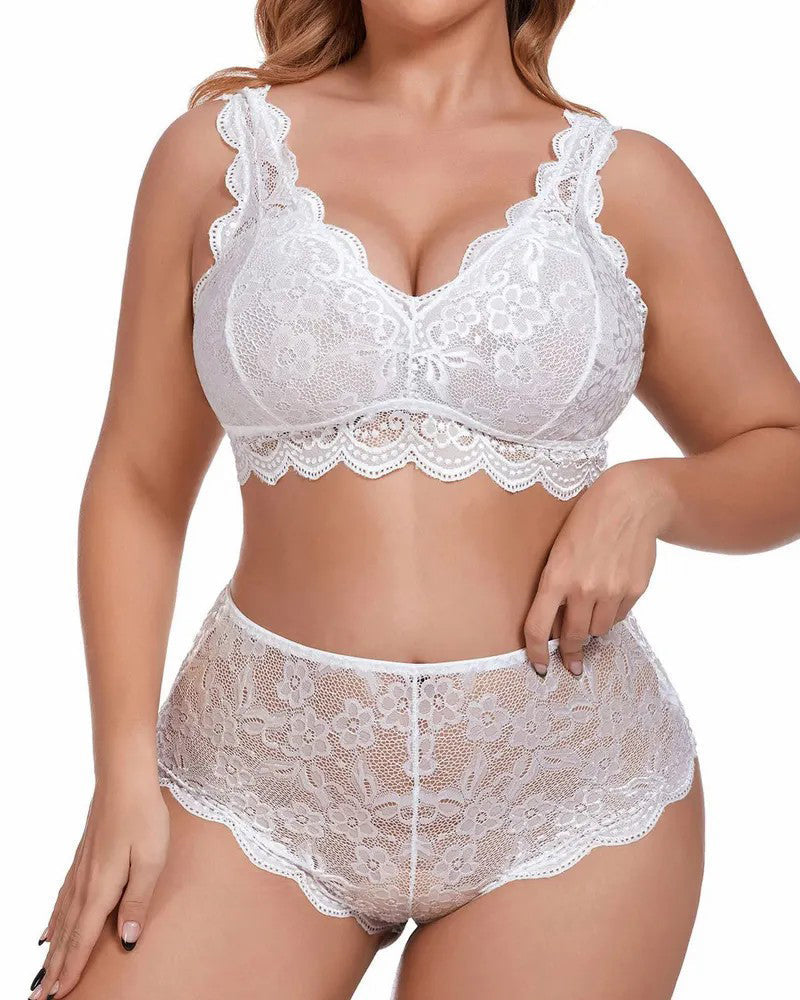 High-Waist Emerald Green Lace Bralette Set with Scalloped Edges-Lingerie Set-Bellascena-White-S-bellascena