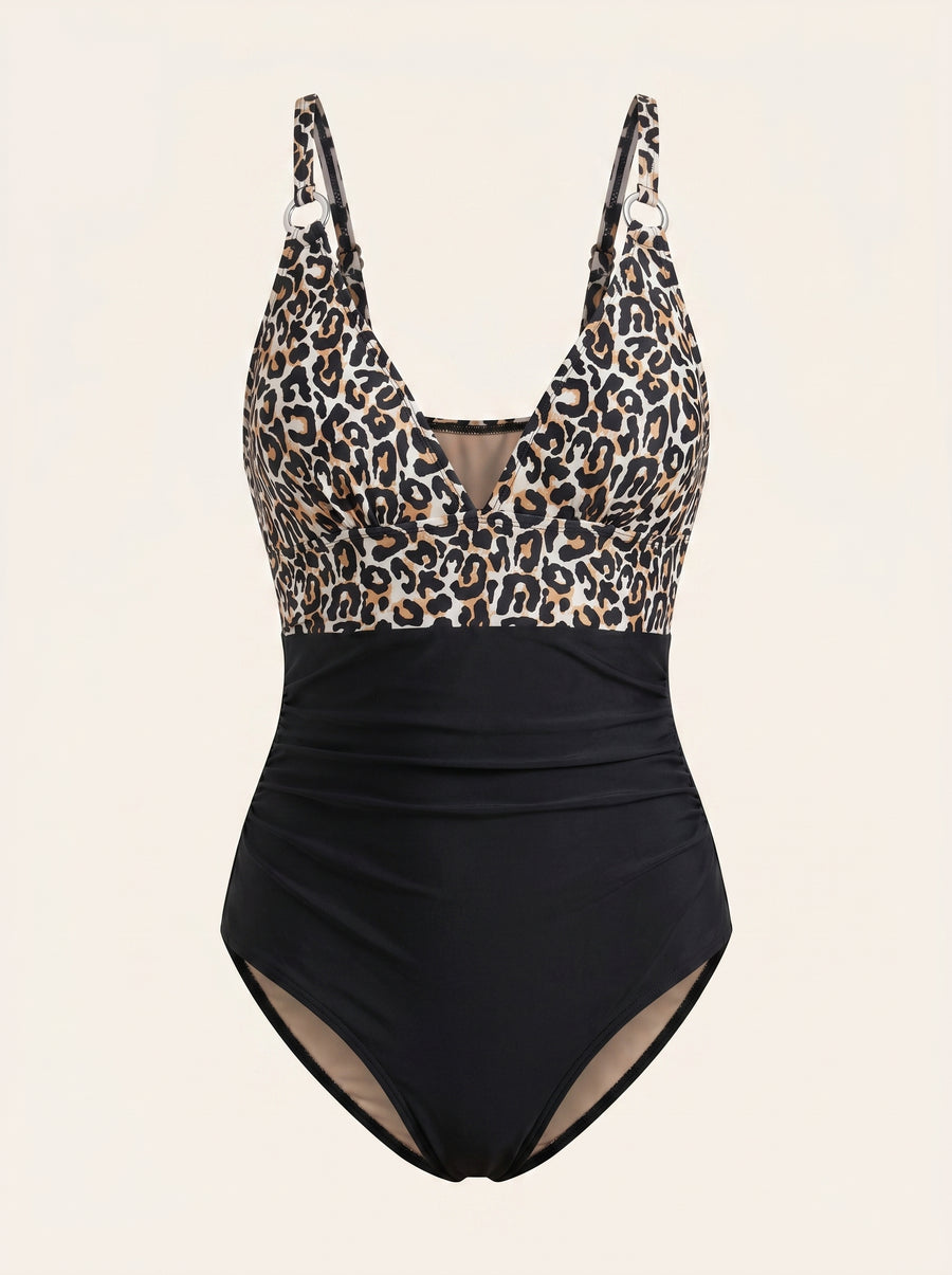 High-Waist Leopard Print Polyester Swimwear Set with Strappy Details-One-Piece Swimsuit-Bellascena-Leopard-S-bellascena