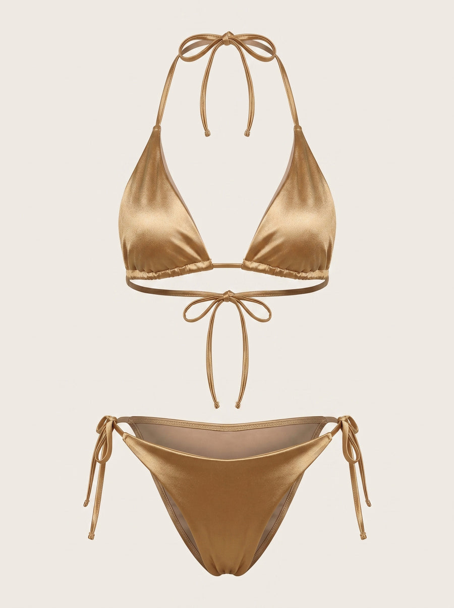 High-Waist Metallic Gold Satin Swimwear Set with Strappy Elegance-Bikini Set-Bellascena-S-Gold-bellascena