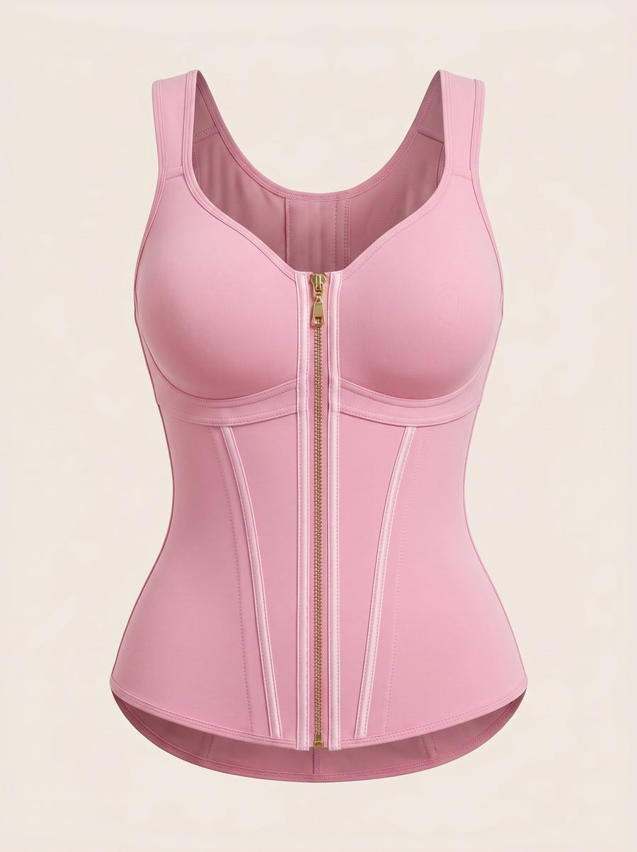 High-Waist Pink Satin Shapewear with Bra Support-Shapewear-Bellascena-Pink-S-bellascena