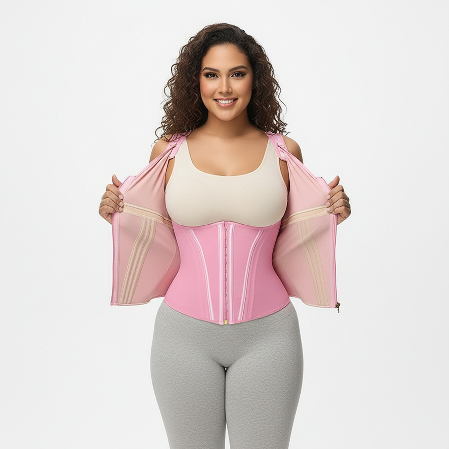 High-Waist Solid Pink Polyester Shapewear with Built-in Bra-Shapewear-Bellascena-bellascena