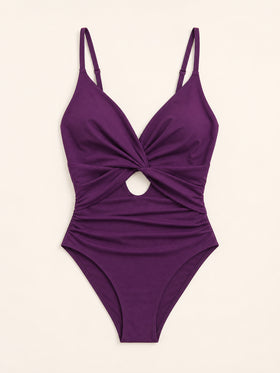 High-Waist Solid Plum Nylon Swimsuit with Twist Front-One-Piece Swimsuit-Bellascena-bellascena