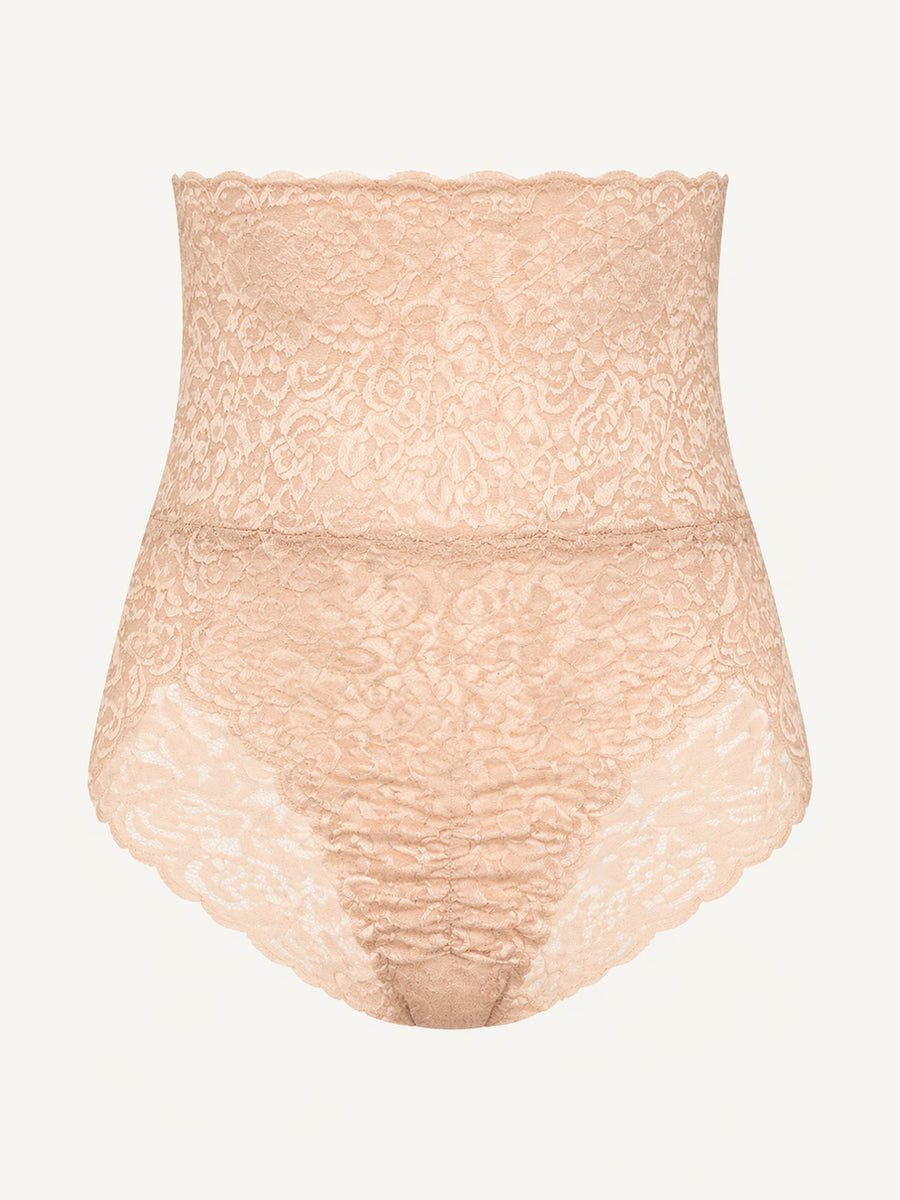 High-Waisted Floral Beige Lace Panty with Scalloped Edges-Panty-Bellascena-Beige-M-bellascena
