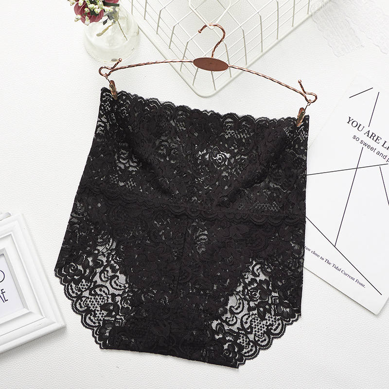 High-Waisted Floral Beige Lace Panty with Scalloped Edges-Panty-Bellascena-Black-M-bellascena