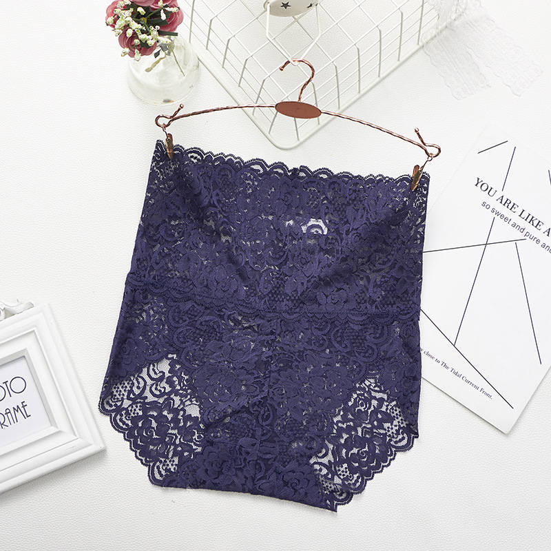 High-Waisted Floral Beige Lace Panty with Scalloped Edges-Panty-Bellascena-Navy-M-bellascena