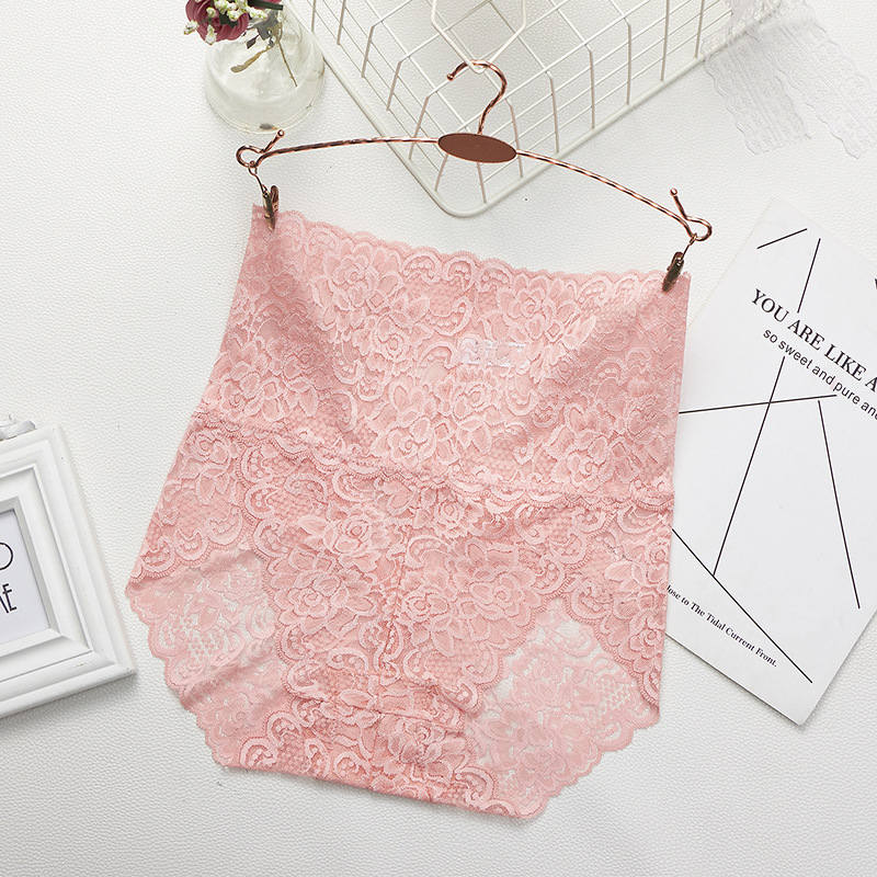 High-Waisted Floral Beige Lace Panty with Scalloped Edges-Panty-Bellascena-Pink-M-bellascena