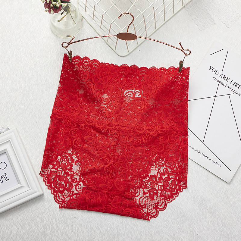 High-Waisted Floral Beige Lace Panty with Scalloped Edges-Panty-Bellascena-Red-M-bellascena