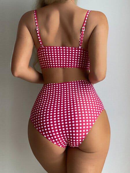 High-Waisted Gingham Pink Synthetic 2 Piece Swimwear Set with Adjustable Straps-One-Piece Swimsuit-Bellascena-bellascena