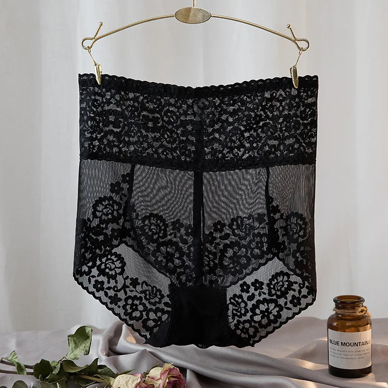 High-Waisted Navy Blue Lace Panty with Sheer Scalloped Edges-Panty-Bellascena-Black-L-bellascena