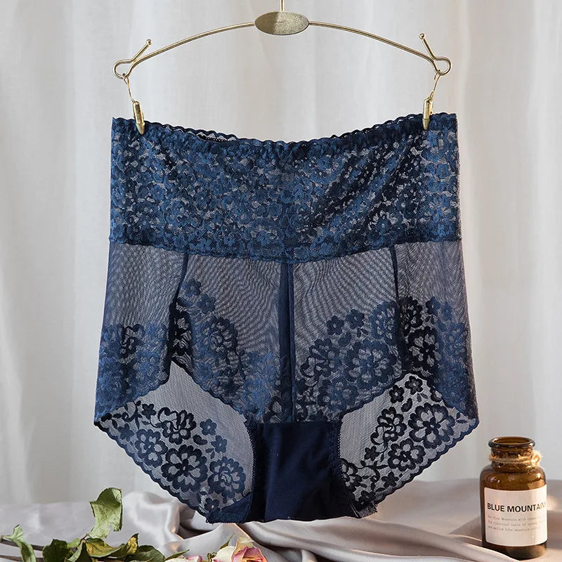 High-Waisted Navy Blue Lace Panty with Sheer Scalloped Edges-Panty-Bellascena-Blue-L-bellascena