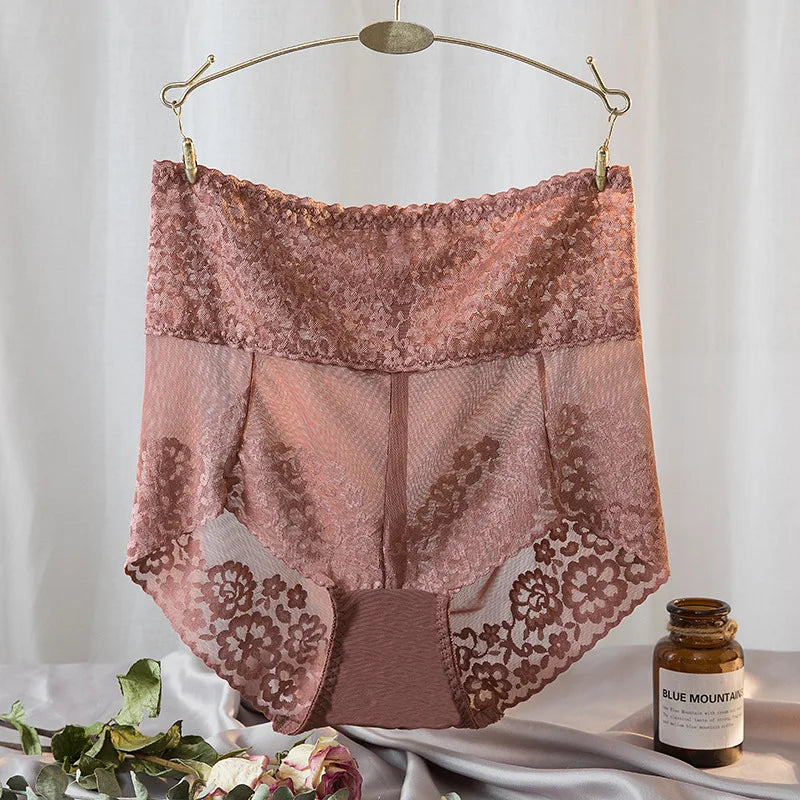 High-Waisted Navy Blue Lace Panty with Sheer Scalloped Edges-Panty-Bellascena-Brown-L-bellascena
