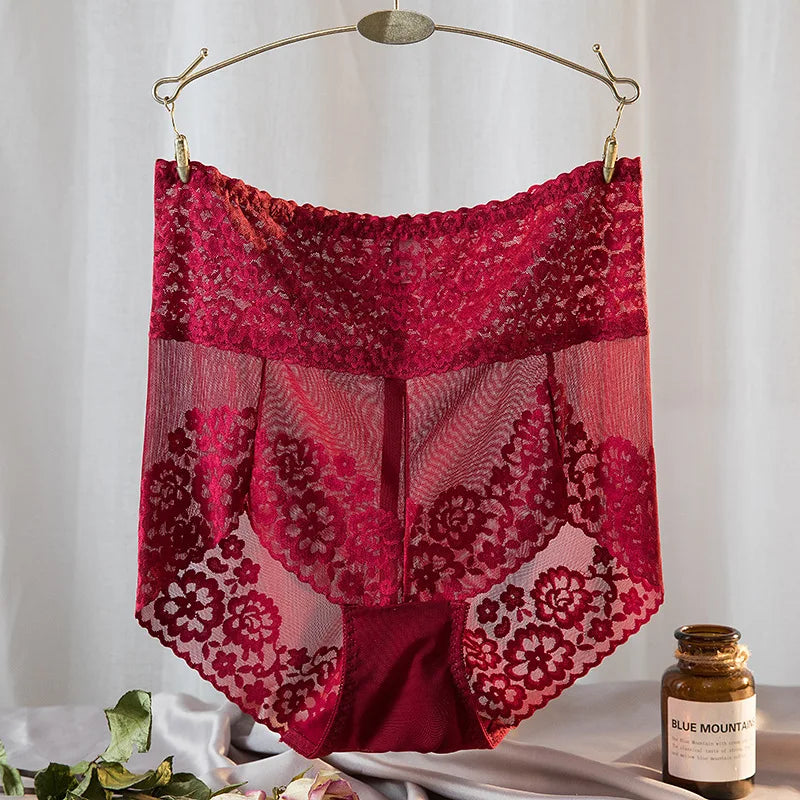High-Waisted Navy Blue Lace Panty with Sheer Scalloped Edges-Panty-Bellascena-Burgundy-L-bellascena
