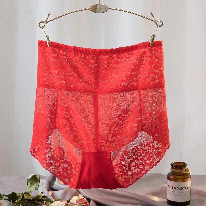 High-Waisted Navy Blue Lace Panty with Sheer Scalloped Edges-Panty-Bellascena-Red-L-bellascena
