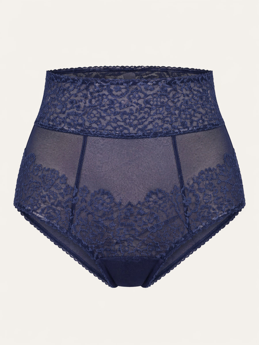 High-Waisted Navy Blue Lace Panty with Sheer Scalloped Edges-Panty-Bellascena-bellascena