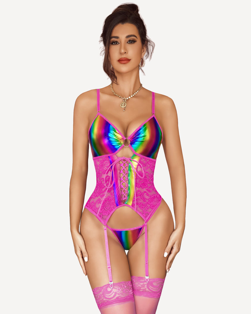 Iridescent Violet Satin Teddy with Strappy Lace-up Detail-Corset-Bellascena-bellascena